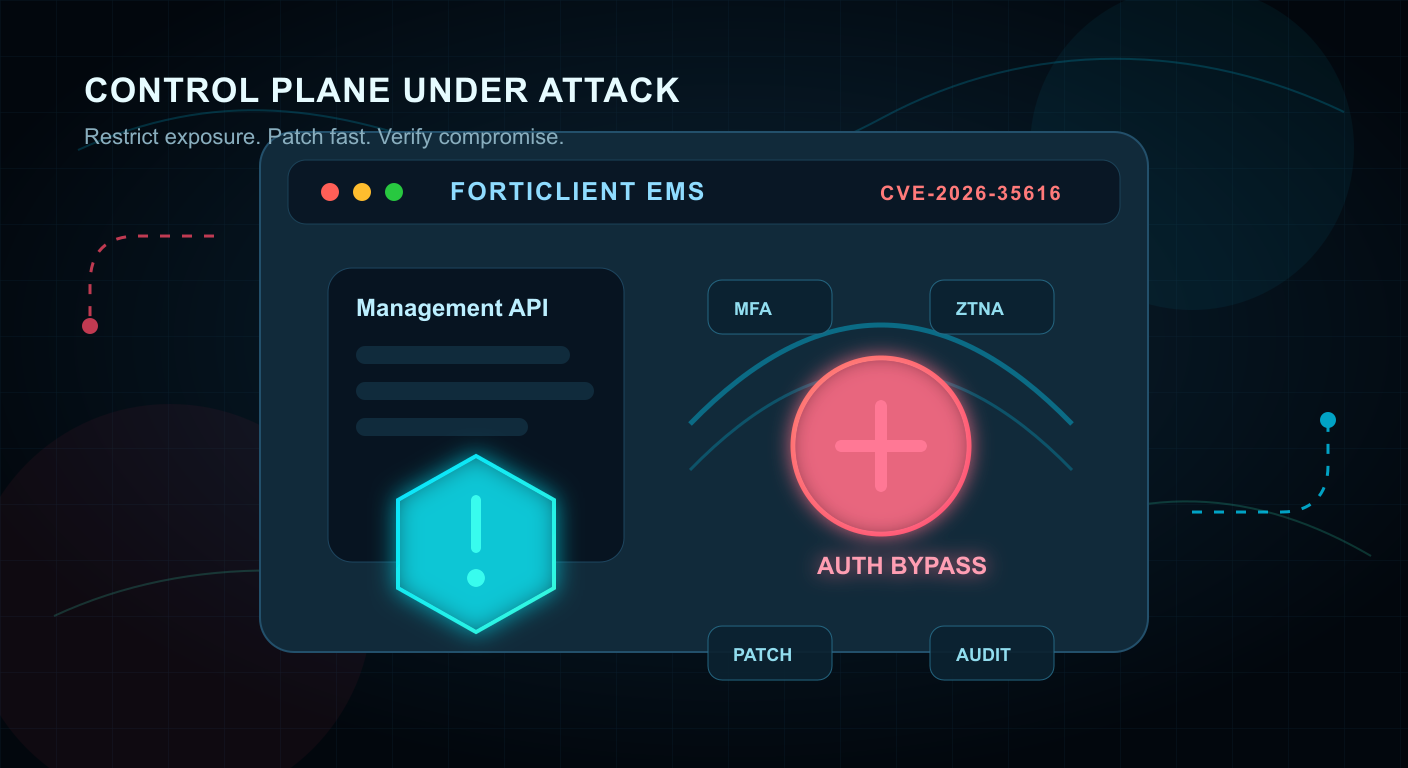 FortiClient EMS ゼロデイ CVE-2026-35616 ─ 管理APIバイパスがKEV入り、露出確認と封じ込めを急ぐべき理由